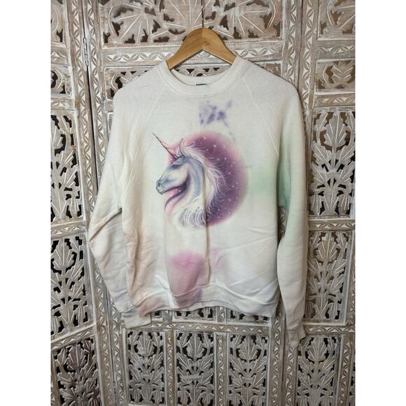 Vintage 80s Pegasus Unicorn Graphic SWEATSHIRT Horse USA Rare Pink Fantasy L - Picture 1 of 8